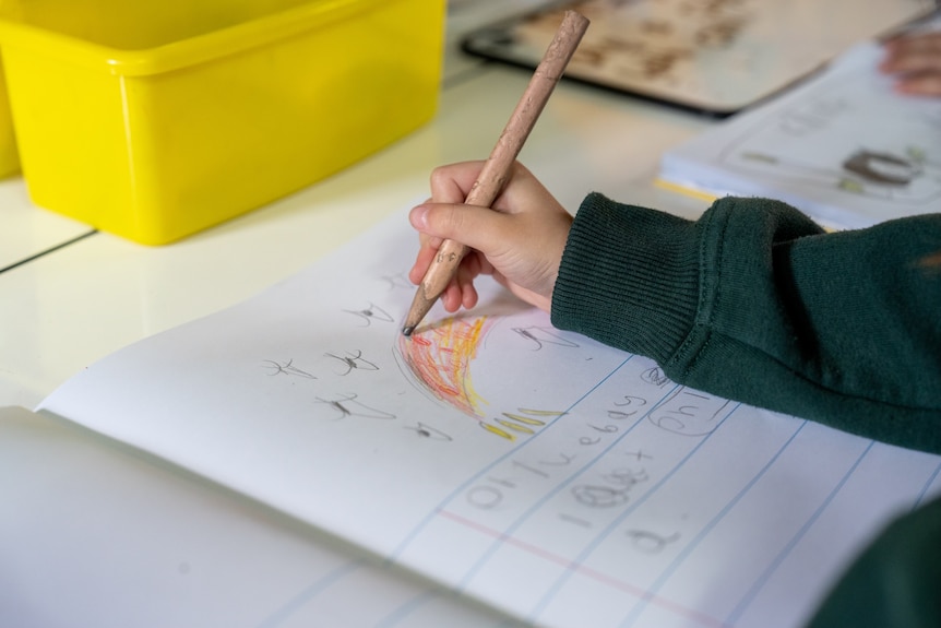 Primary school children using pencils in class
