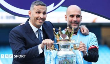 Pep Guardiola looks on during Manchester City's 3-1 victory over Aston Villa in the Premier League in February 2023