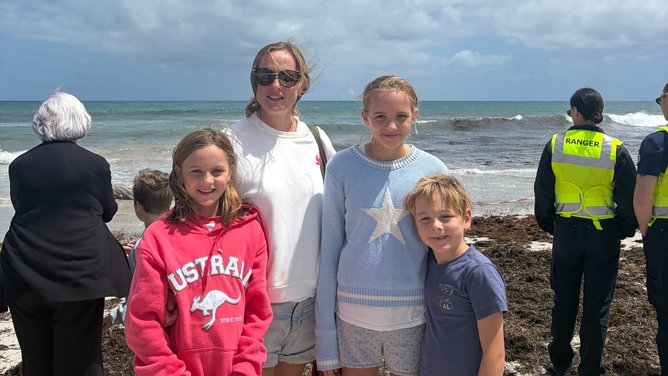 Mother Claire Graham is on holiday in Perth from Singapore with her kids Beatrix, 10, Elsa, 12, and Rupert, 7.