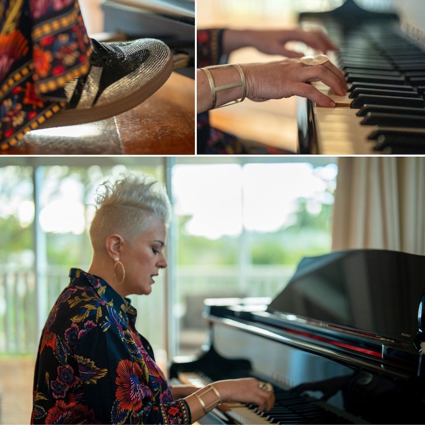 Three images in a collage view shows woman with platinum short, styled hair playing the piano in a lounge room.