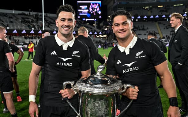 Will Jordan of New Zealand and Quinn Tupaea of New Zealand with the Bledisloe Cup, New Zealand All Blacks v Australia Wallabies, Bledisloe Cup Rugby Test Match at Eden Park, Auckland, New Zealand on Saturday 10th October 2026.
© Photo: Andrew Cornaga / Photosport