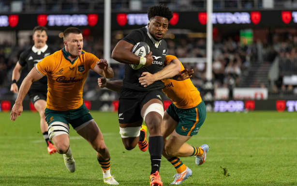 Peter Lakai of New Zealand scores a try during New Zealand All Blacks v Australia Wallabies, Bledisloe Cup Rugby Test Match at Eden Park, Auckland, New Zealand on Saturday 10th October 2026.
Photo: Joshua Devenie / Photosport