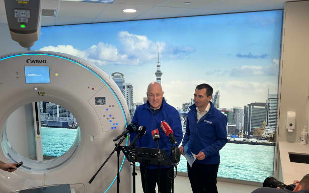 National's Christopher Luxon and Simeon Brown make a policy announcement in Auckland.