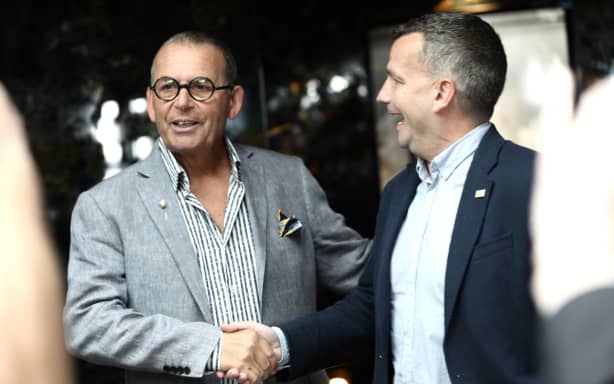 ACT leader David Seymour, right, announces veteran broadcaster Paul Henry, left, will run for the party at the election.