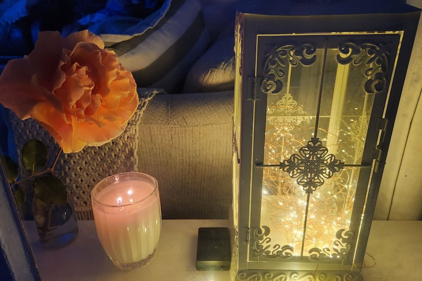 An orange flower with a candle to honour Helen Haines