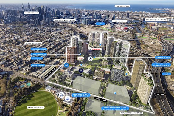 A site map including parklands, the Melbourne University design school and Live Nation venue.