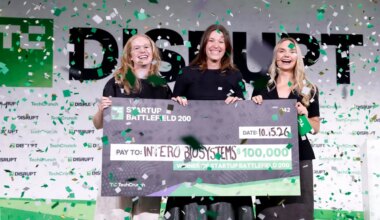 SAN FRANCISCO, CALIFORNIA - OCTOBER 15: (L-R) Madeline Eiken, CTO/COO & co-founder, Intero Biosystems, and Charlie Childs, CEO & co-founder, Intero Biosystems, accept the Startup Battlefield 2026 award from Isabelle Johannessen, Head of the Startup Battlefield Program, TechCrunch, during TechCrunch Disrupt 2026 at Moscone Center on October 15, 2026 in San Francisco, California. (Photo by Kimberly White/Getty Images for TechCrunch)