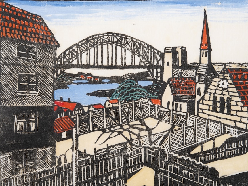 Woodcut painting of Sydney Harbor Bridge, seen over rooftops and fences of suburban Sydney