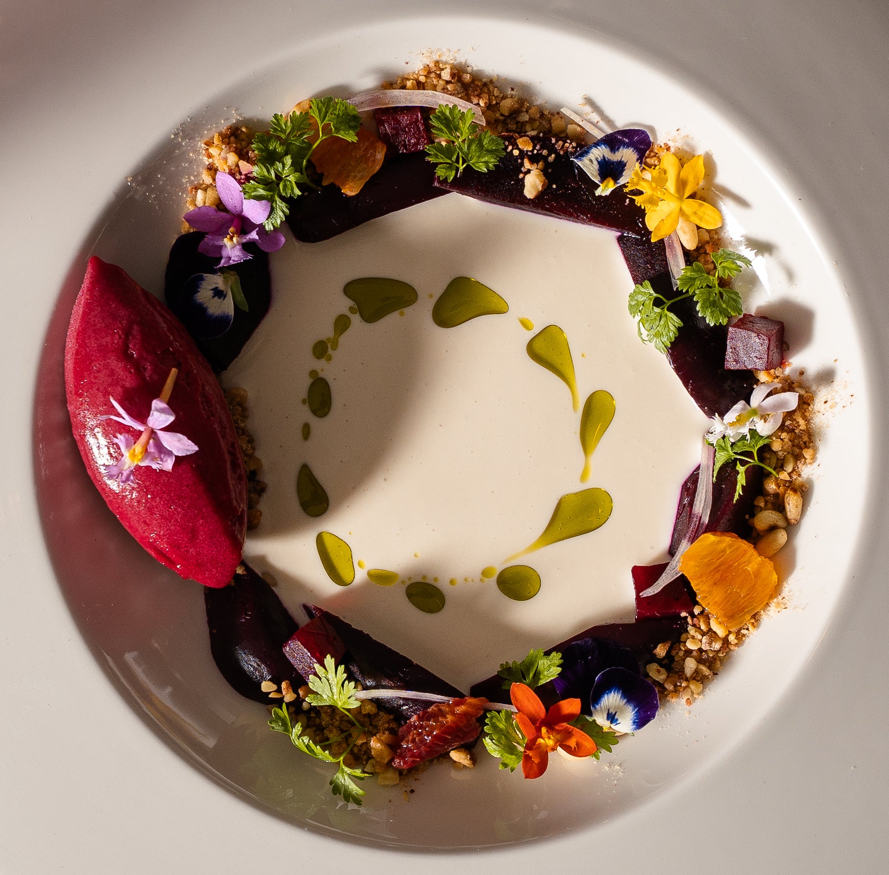 Beets with ajo blanco and beetroot sorbet at Mutra
