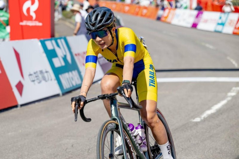 Thailand's Phetdarin Somrat takes part in the women's individual time trial event of the 2026 Asian Games.