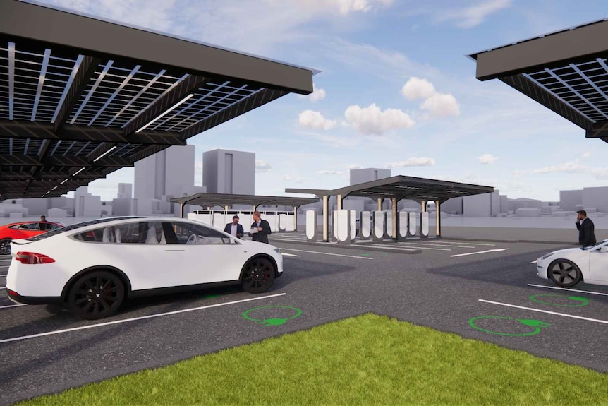 An artist's impression of cars parks in bays at an electric vehicle charging site.