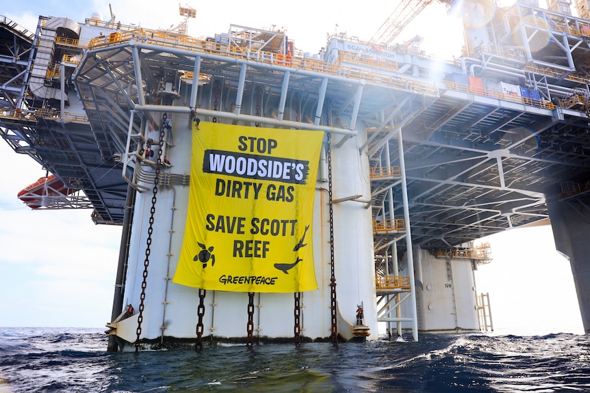 A banner unfurled by protesters on an offshore gas platform. 