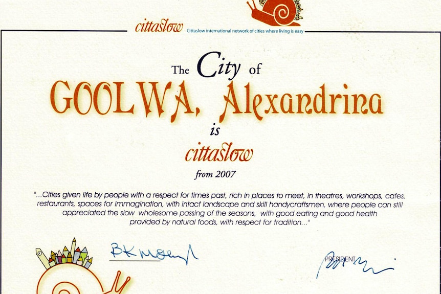 A City of Goolwa, Alexandrina Cittaslow certificate 
