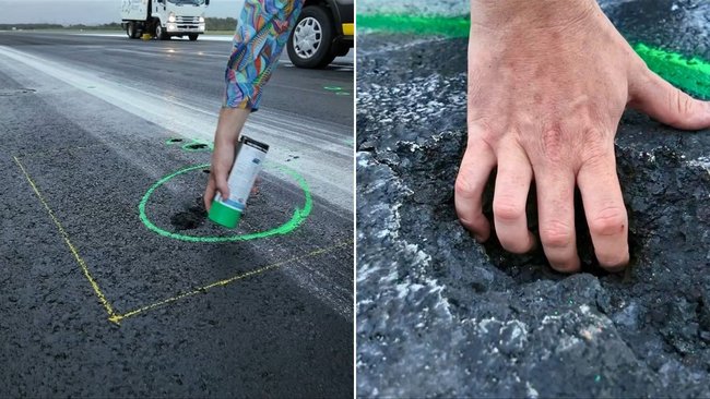 and-sized holes in the tarmac caused by a lightning strike on Brisbane Airport’s western runway on Tuesday afternoon during severe thunderstorms.