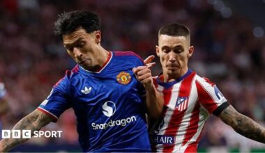 Lisandro Martinez, wearing Manchester United's blue away kit, battles for possession against Atletico Madrid