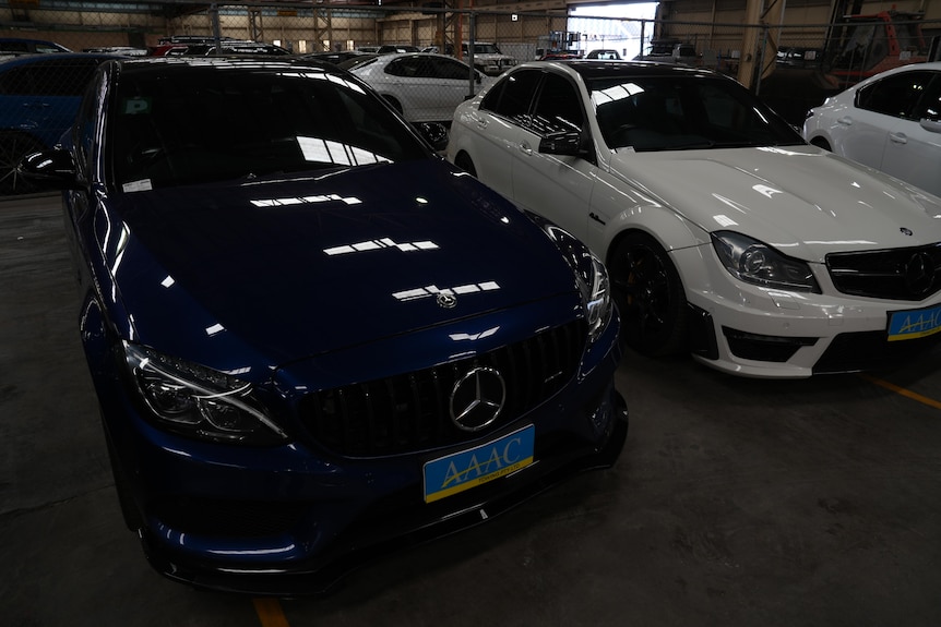 High performance cars impounded in a warehouse