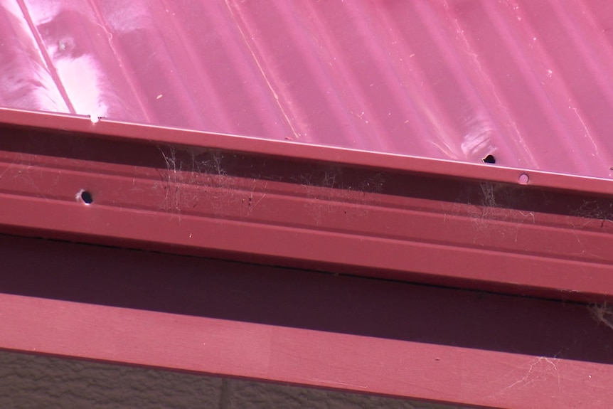 Bullet holes in a red gutter. 