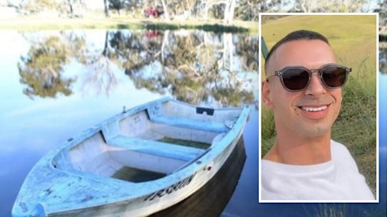 A NSW Police photo of a dinghy at the farm where Beau Lamarre-Condon took the bodies of Jesse Baird and Luke Davies and, inset, the accused.