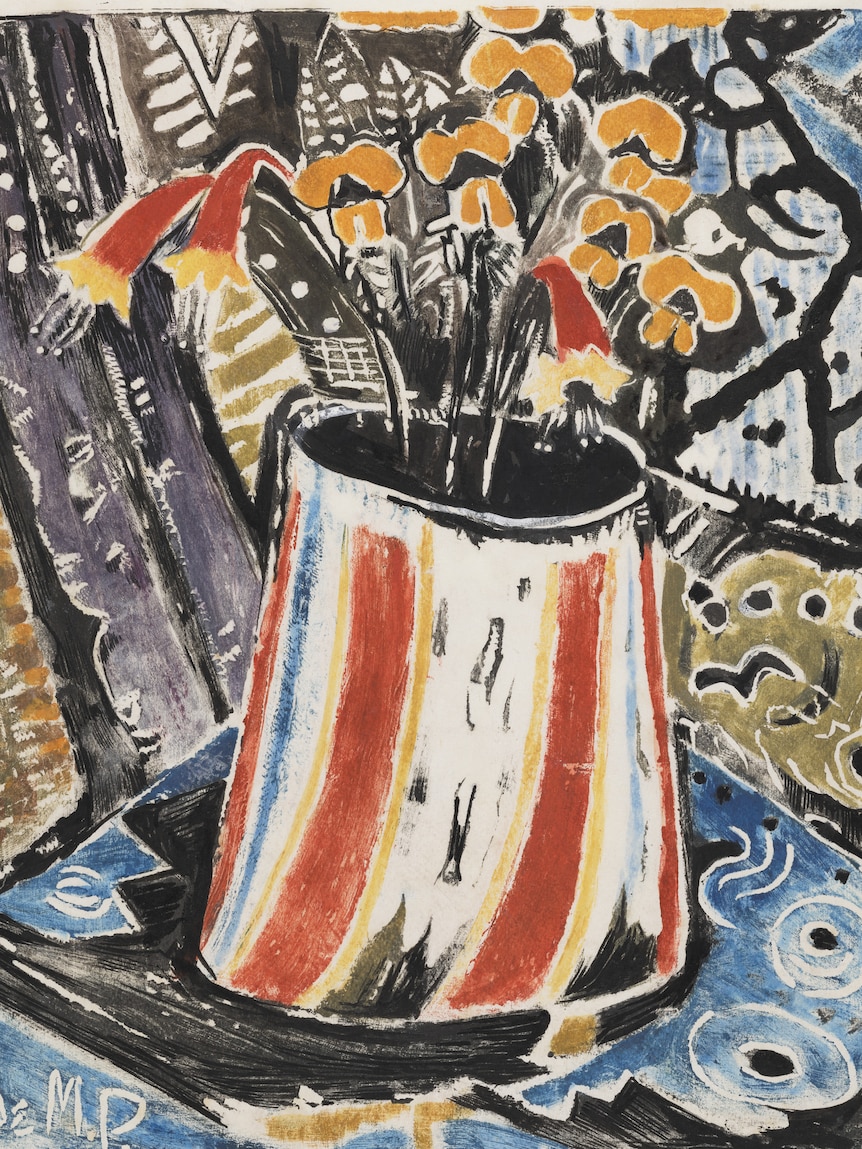 Colourful oil painting of a bark bag used as a vase for bright Australian flowers, vaguely Indigenous patterns in the background