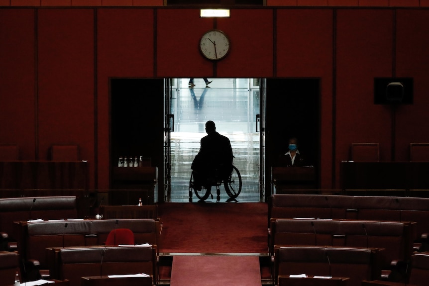 A man in a wheelchair — senator Jordan Steele-John — silhouetted in the doorway of a parliamentary chamber.