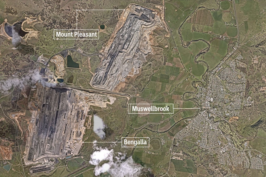 An annotated satellite image of the Mount Pleasant mine, the Bengalla mine, and the town of Muswellbrook.