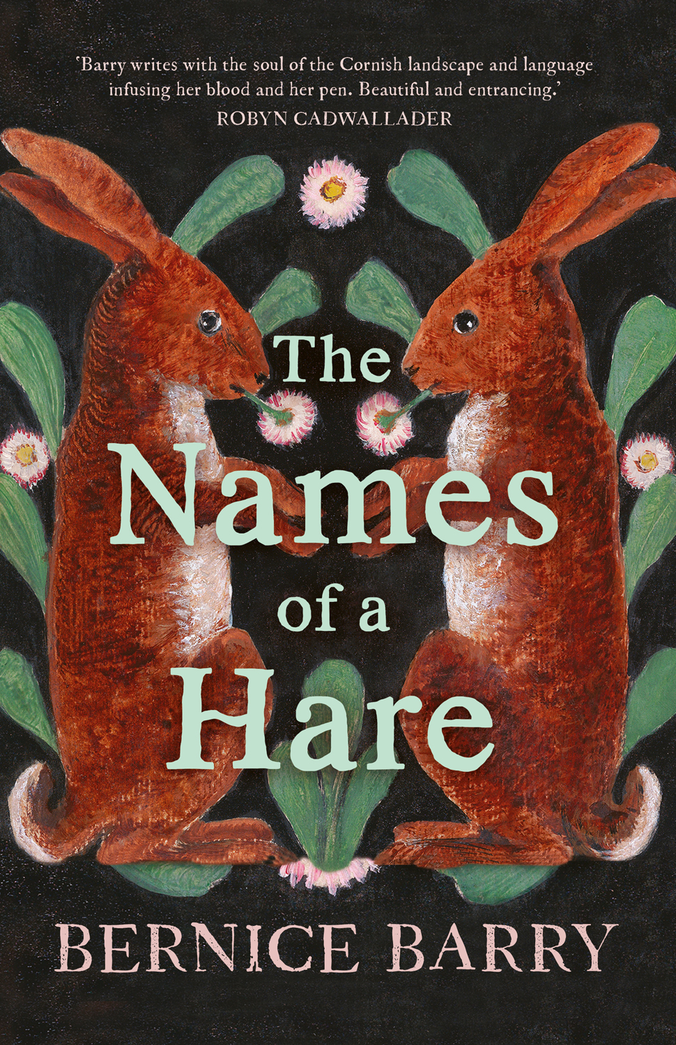 A book cover for The Names of a Hare by Bernice Barry, featuring two hares facing each other.