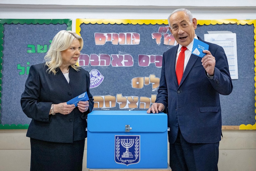 Benjamin Netanyahu casts his vote in Jerusalem.