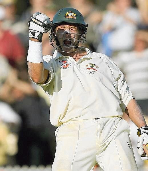 Michael Hussey celebrates hitting the winning run against England at the Adelaide Oval in 2006. 