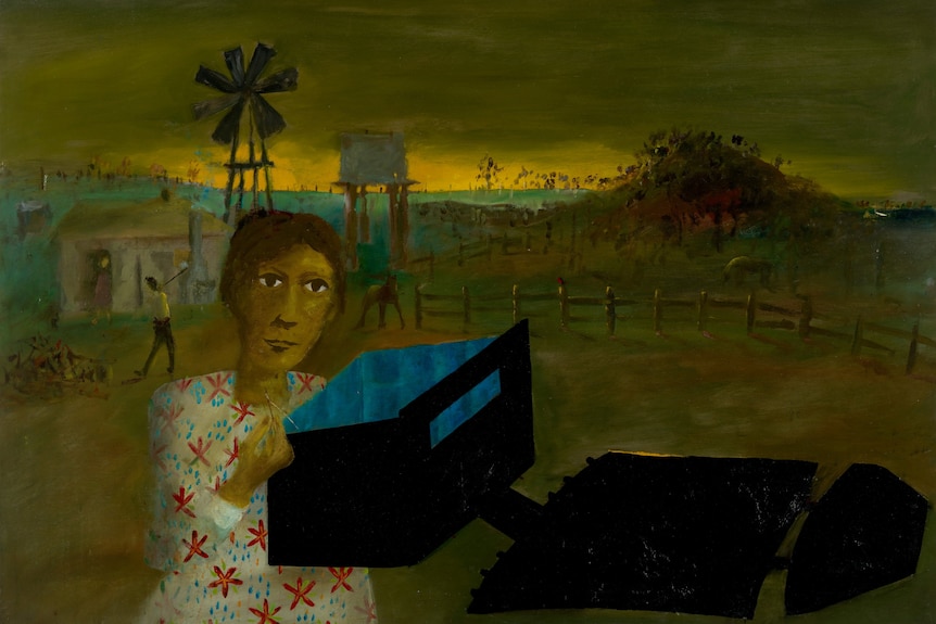 A painting of a woman stitching blue padding into a distinctive blocky helmet, a pastoral setting behind her.