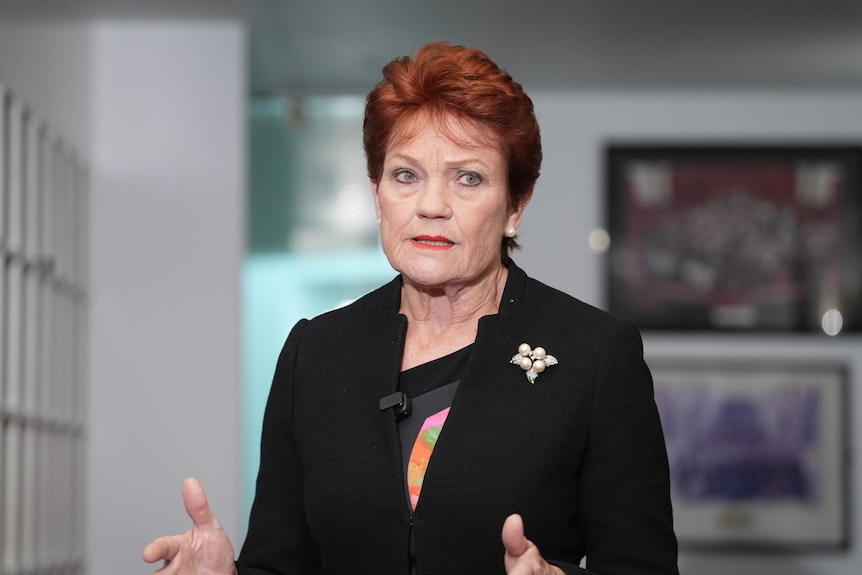 Pauline Hanson wearing a black blazer gestures while speaking.