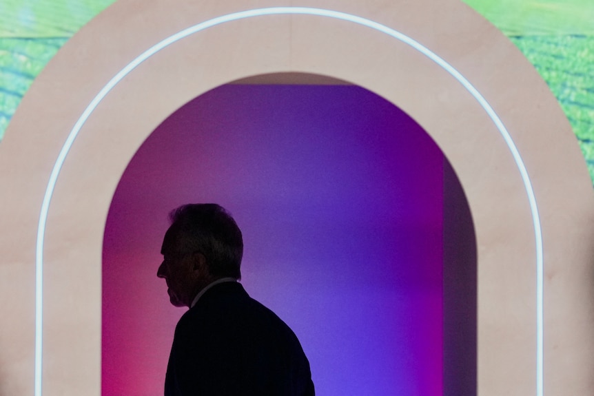 A man's silhouette seen on a stage against a purple background.