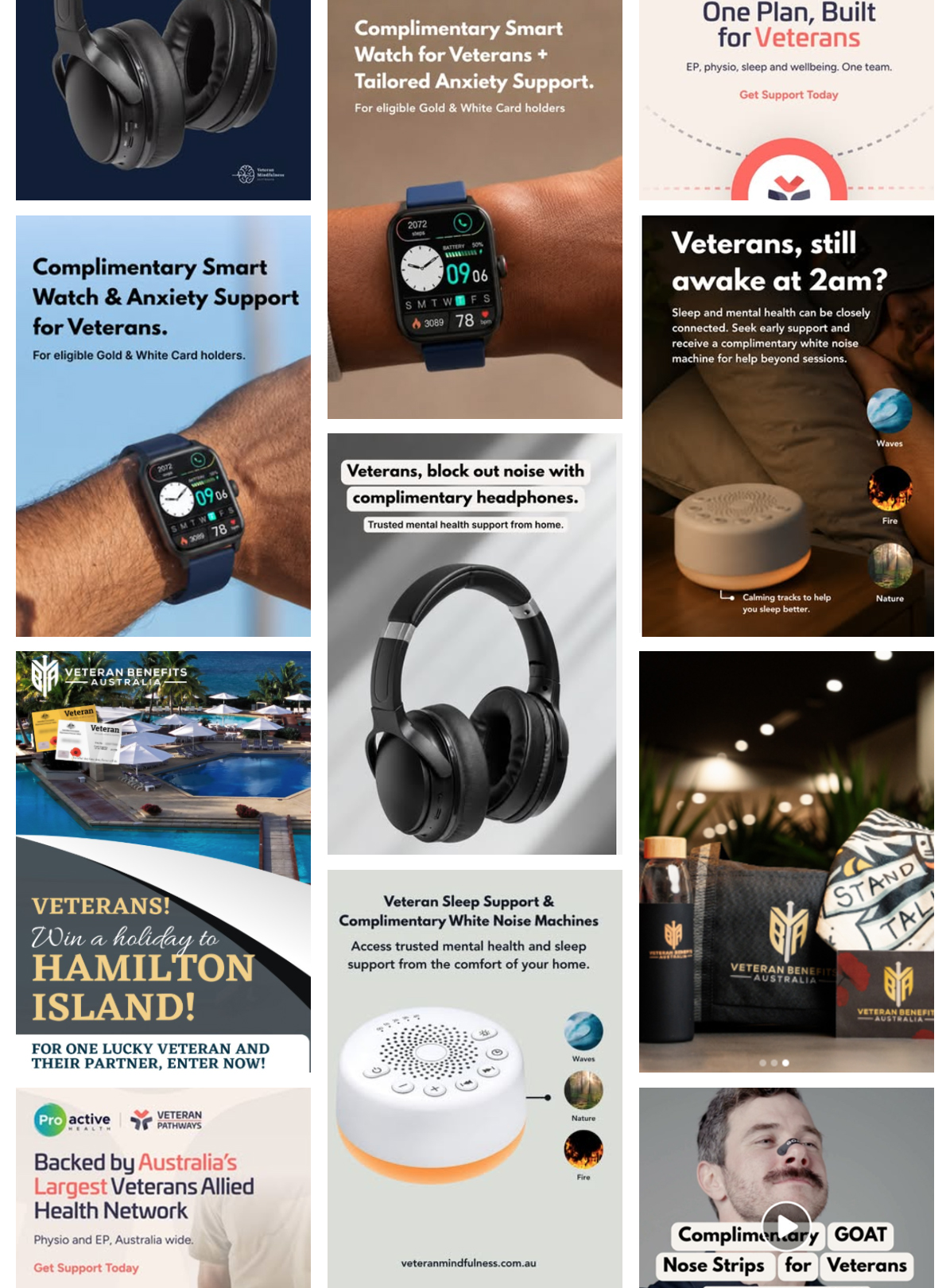 An array of screenshots of social media ads promoting free headphones, watches for veterans. Some promote competitions.