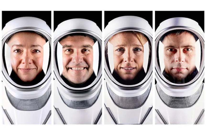 Two male and female astronauts, seen alternating from left to right, smiling in illuminated white space suit masks.