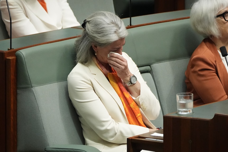 Nicolette Boele wipes her eyes in Parliament. 