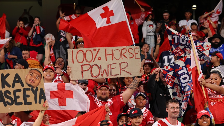 Tongan rugby league fans in the stands cheer and wave national flags and signs.