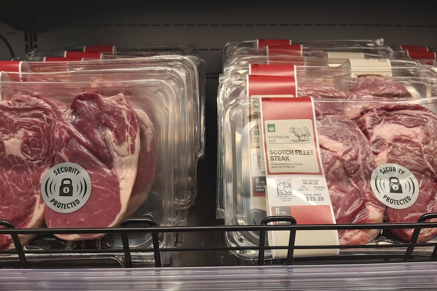 A shelf of scotch fillet steaks at supermarket giant, Woolworths.