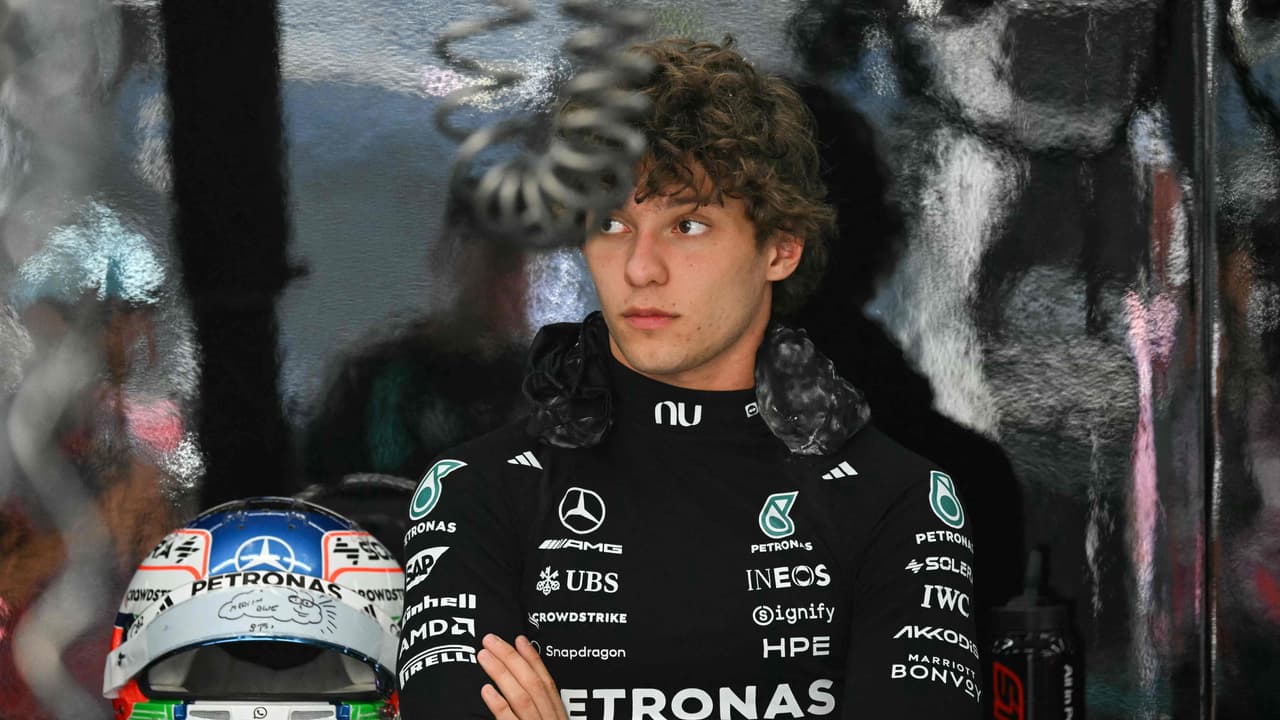 Kimi Antonelli in his garage during the second practice session for the United States Grand Prix. (Photo by RONALDO SCHEMIDT / AFP)