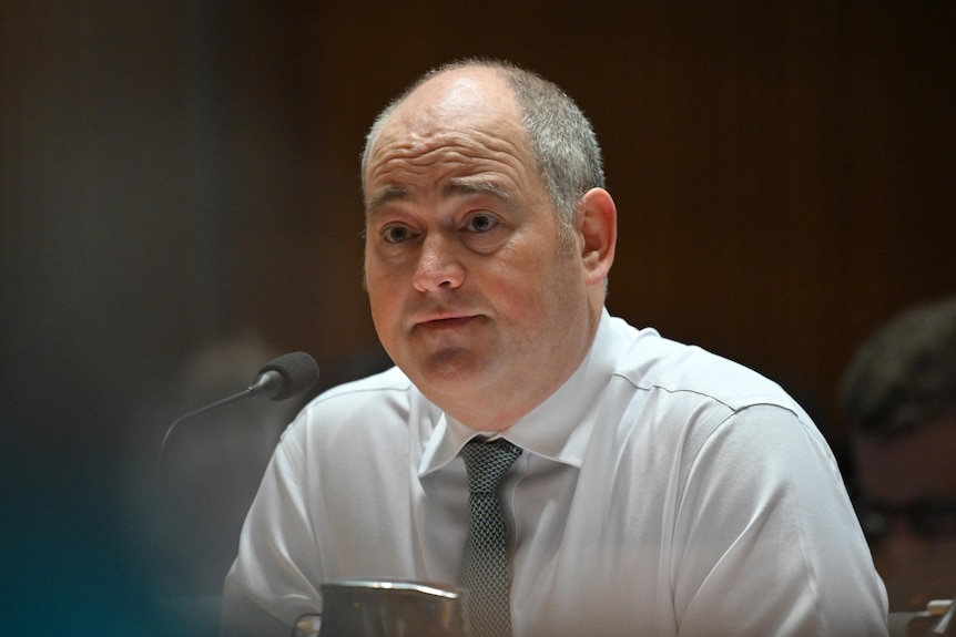 Andrew Irvine speaks into a microphone.