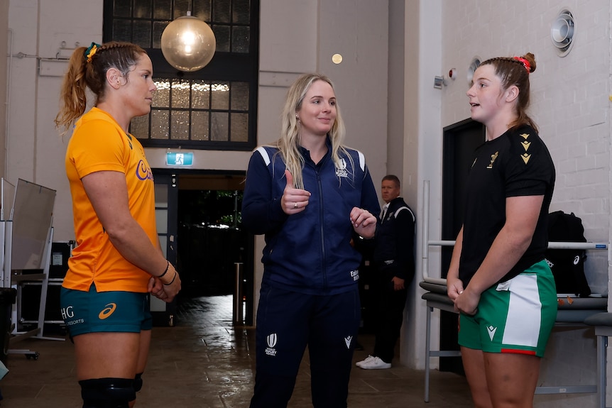 Emily Chancellor at a coin toss before a Wallaroos Test in 2025.