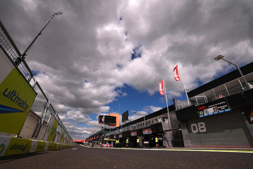 A general view of pit lane ahead of the 2026 Bathurst 1000, cloudy skies above
