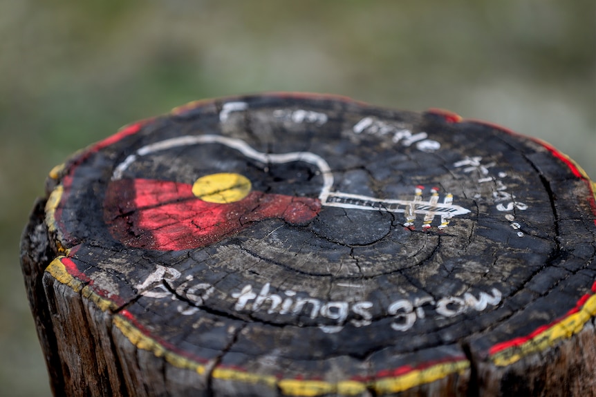 A log positioned as a seat with a guitar coloured with the Aboriginal flag and the words From Little Things Big Things Grow