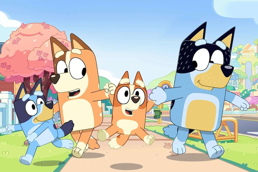 The Bluey cartoon family walking on the footpath in a scene from the cartoon.