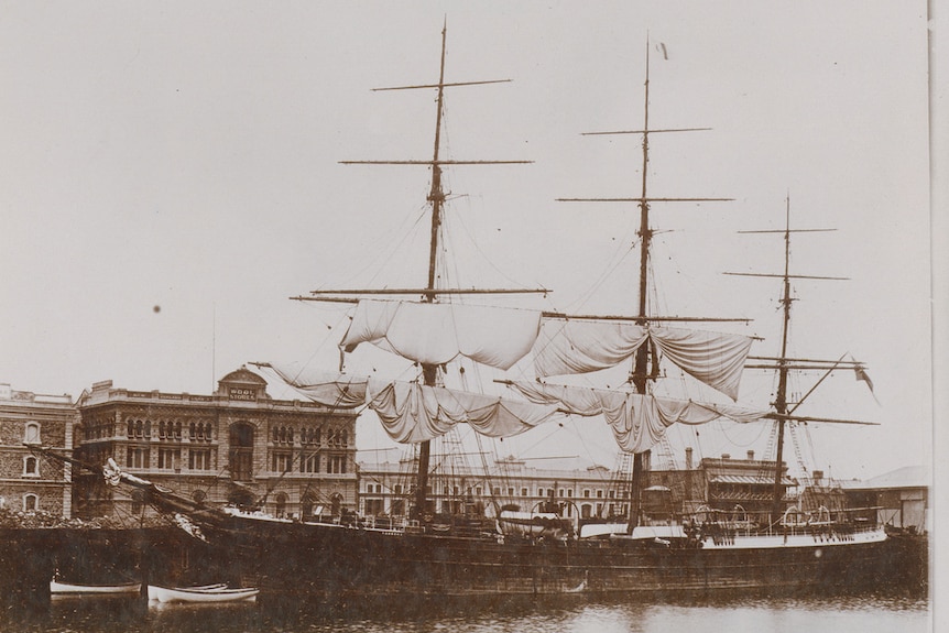 The clipper ship "Torrens" docked at Port Adelaide.