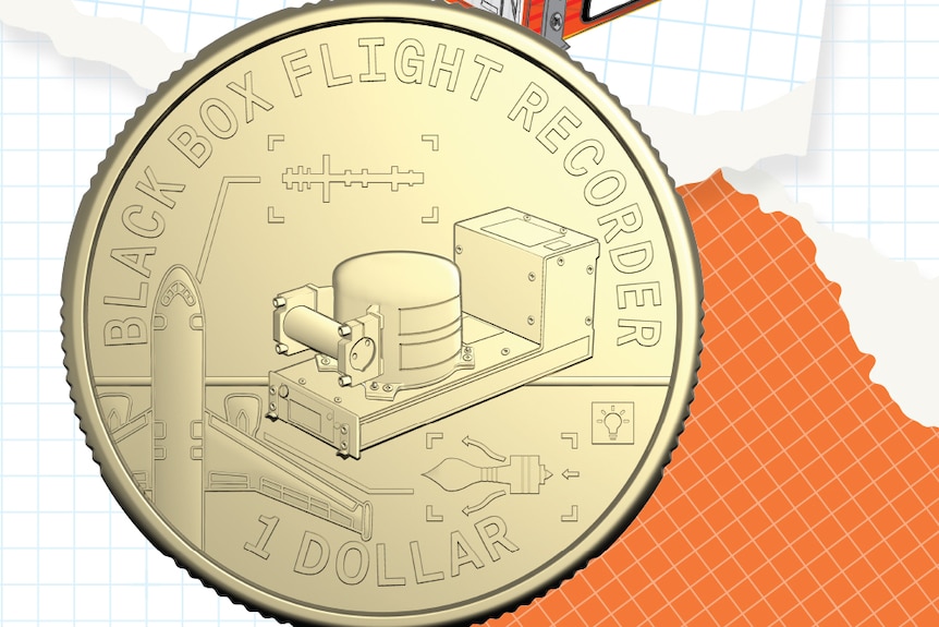 A $1 Australian coin featuring the design of a black box flight recorder.