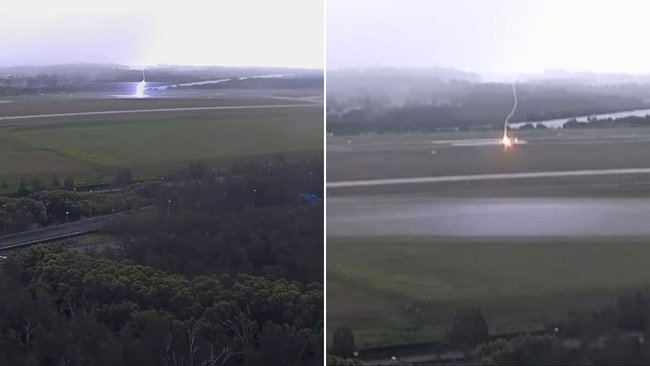 Lightning strikes Brisbane Airport during Tuesday afternoon’s storm, damaging the western runway.