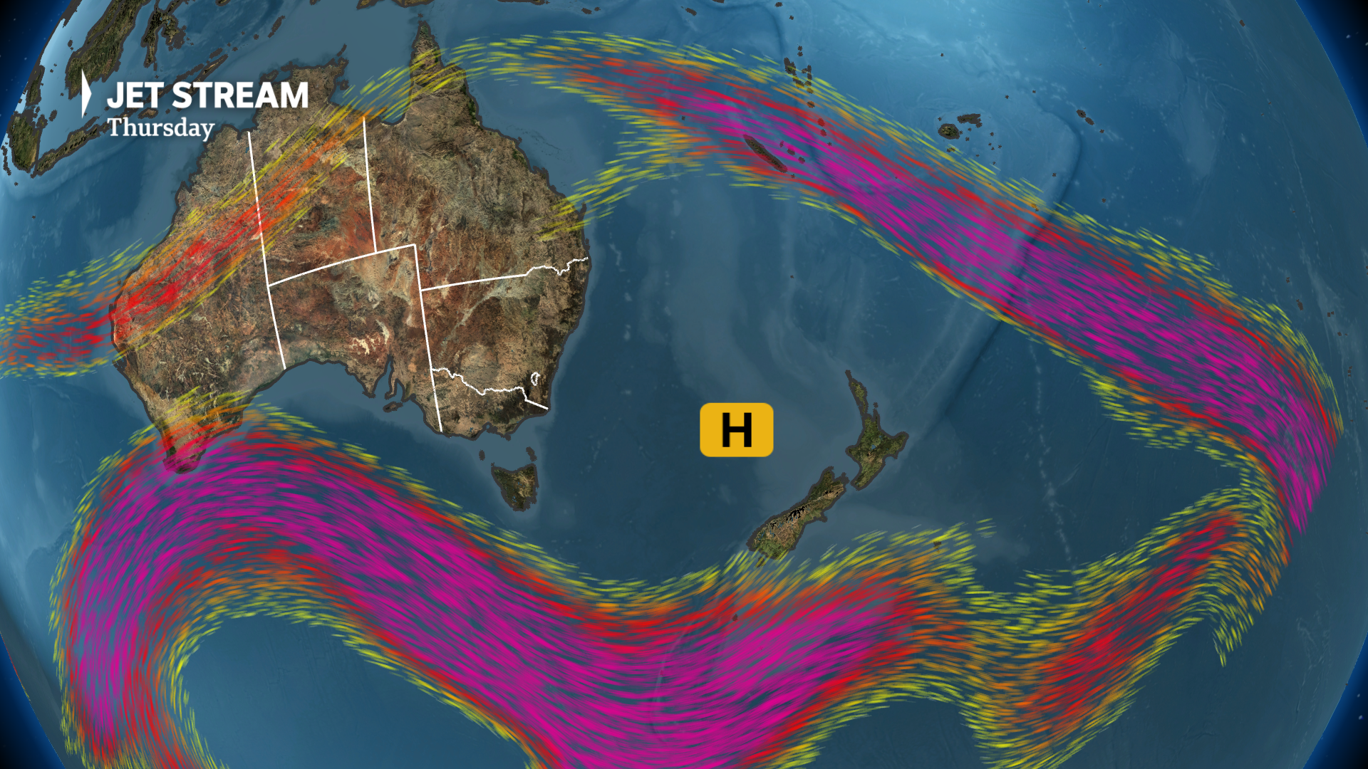 a weather map shows a jet stream overhead a high pressure system in the Tasman