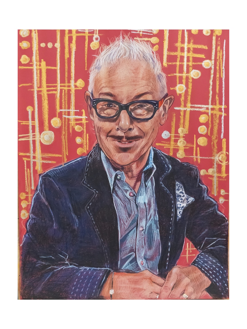 Bright pencil portrait of Kirk Pengilly in glasses and jacket, with saxophone keys making up the background