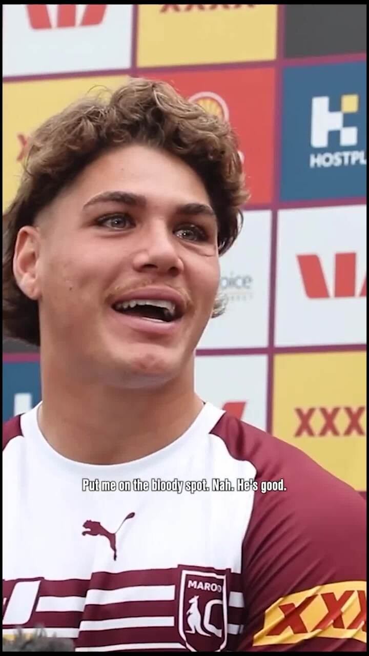 Reece Walsh in tears speaking about Pat Carrigan