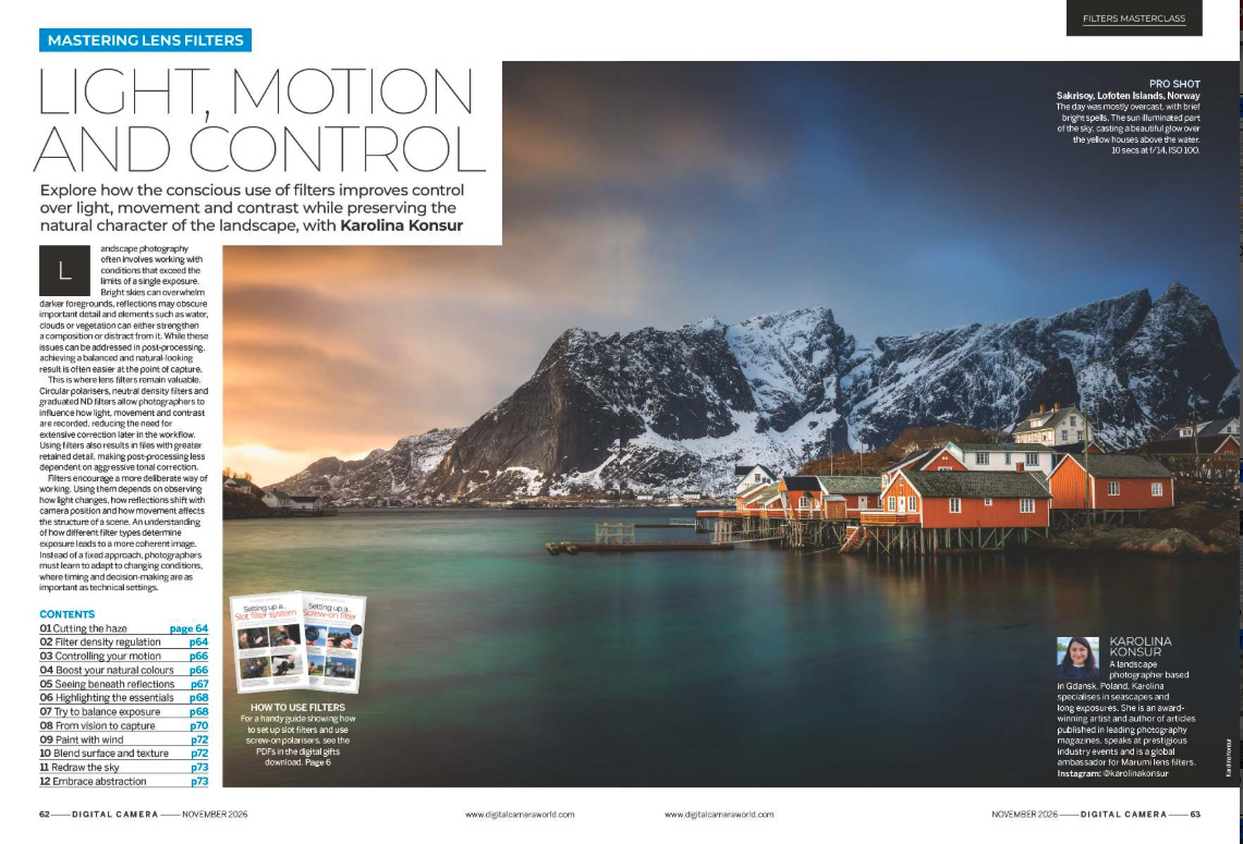 Image showing the first two pages of the feature of issue 313 (November 2026) of Digital Camera magazine &ndash; how to use filters in landscape photography