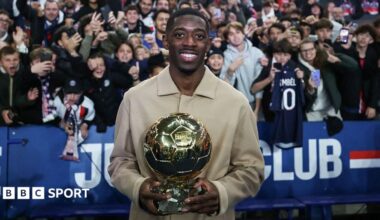 Ousmane Dembele shows off his Ballon d"Or